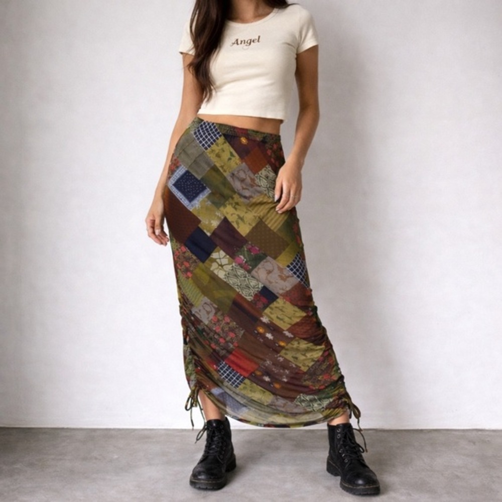 Patchwork Mesh Maxi Skirt Medium Indie 90s‎ Earthy Boho Fairy Grunge Artsy